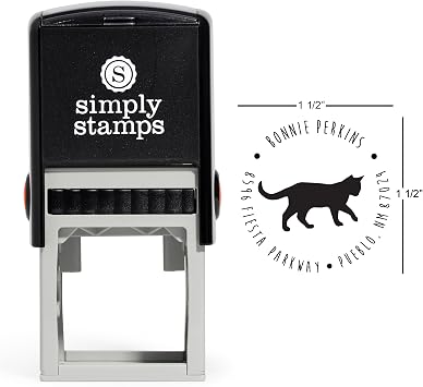 Custom Round Return Address Stamp | Self-Inking or Wood | Rubber Personalized Stamp with Multiple Fonts and Colors Cat, Self-Inking