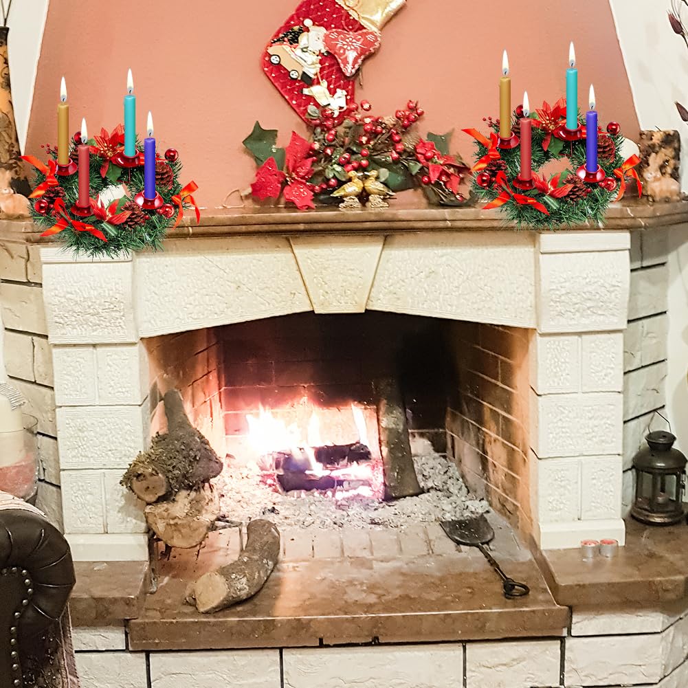 Portacandele per corona dell'Avvento natalizio, decorazione per corona dell'Avvento natalizio da 30 cm con portacandele, bacche rosse, pigna e fiocco, centrotavola natalizio, ghirlande per porte e es