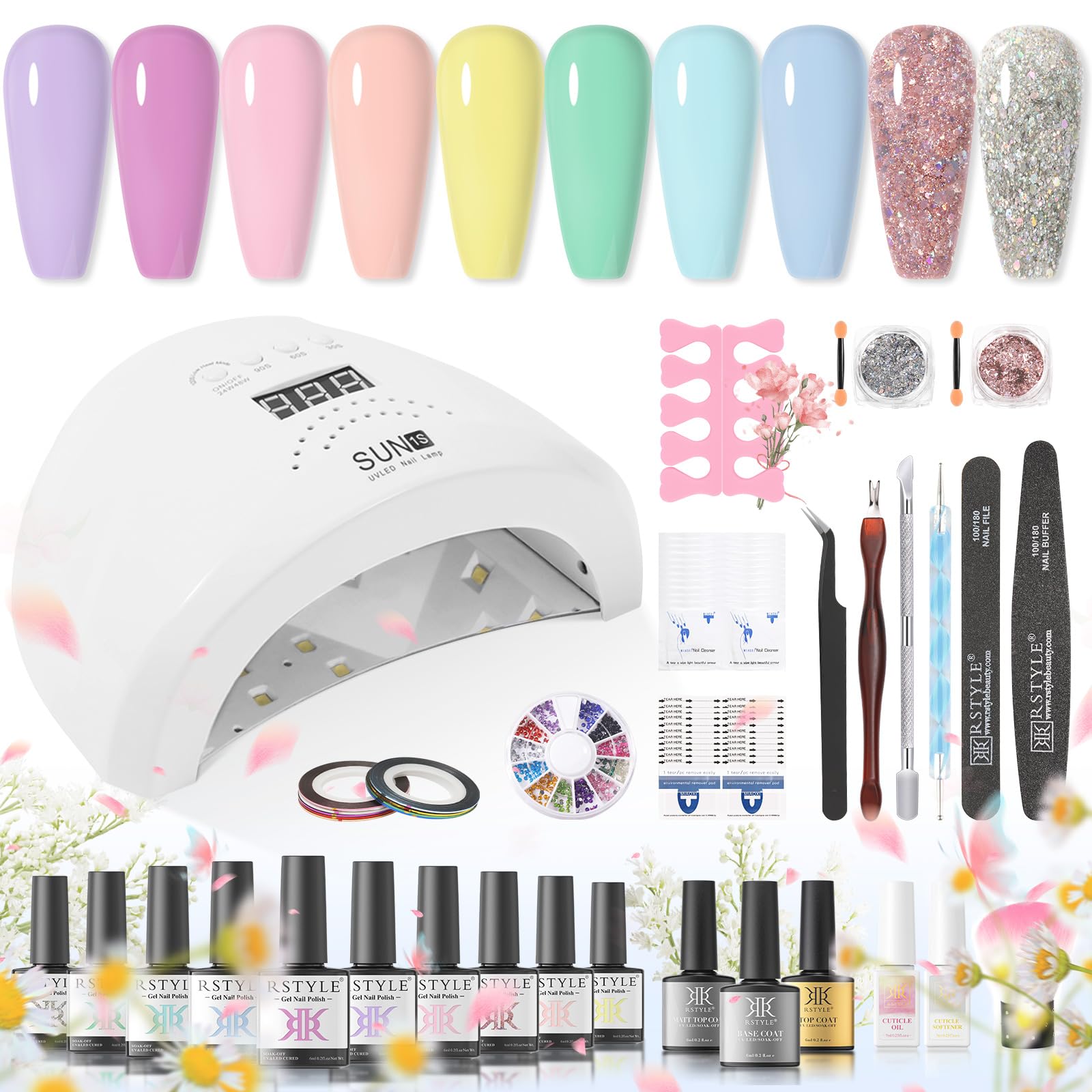 RSTYLE Kit Uñas Semipermanente en Gel con 72W U V LED Lampara 13 Colores Kit Uñas de Gel Completo Mate y Base Top Coat Regalos Set Manicura Semipermanente (macaron Verde)
