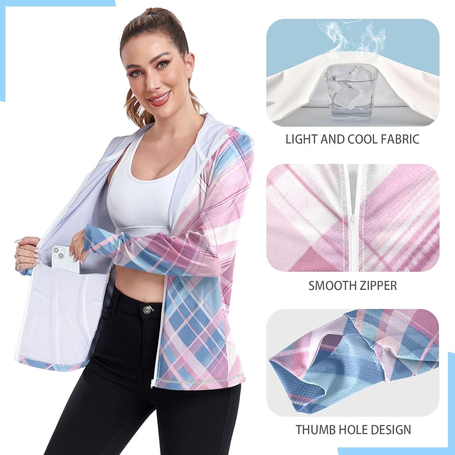 Blush and Blue Tartan Women's Zip Up Hoodie Lightweight Sun Shirts UPF 50+ Protection Trendy Sweatshirt Athletic Jacket for Hiking Outdoor suera para el sol