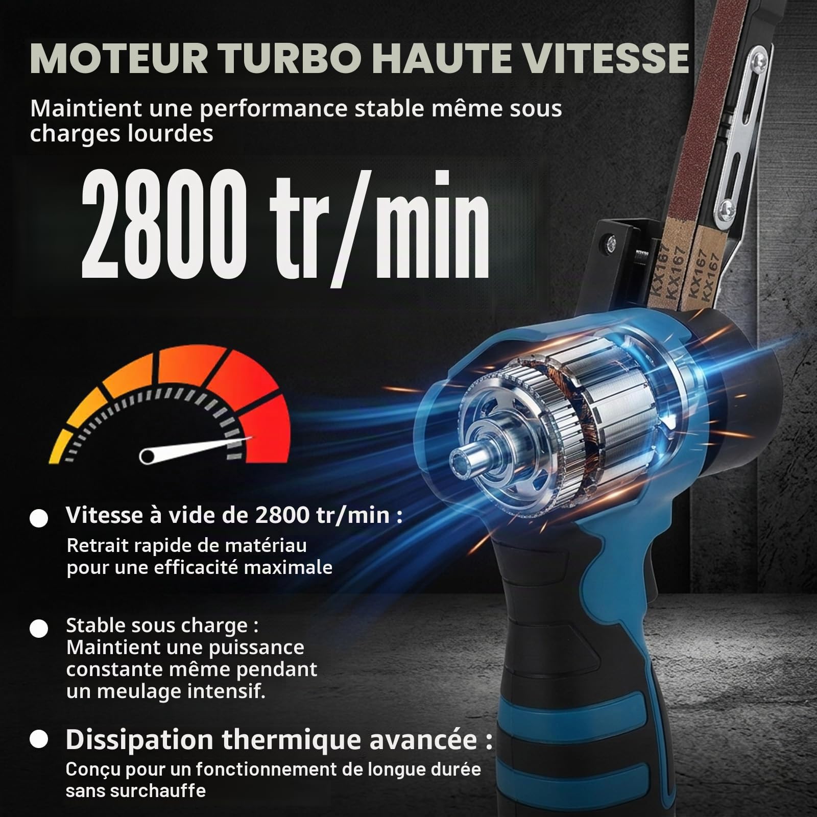 Ponceuse à bande électrique sans fil 7000 tr/min, avec 15 bandes abrasives (grains 80-1000) et 2 batteries au lithium de 16,8 V, pour le travail des métaux, le travail du bois et les surfaces courbes