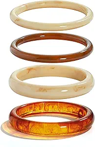 WOWORAMA 4 Pcs Resin Acrylic Bangle Bracelets Set for Women Thin Cream White Acetate Resin Bangles Stackable Round Brown Tortoise Acrylic Bracelet