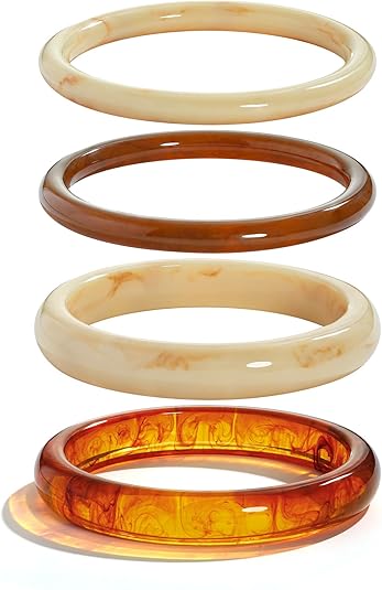 WOWORAMA 4 Pcs Resin Acrylic Bangle Bracelets Set for Women Thin Cream White Acetate Resin Bangles Stackable Round Brown Tortoise Acrylic Bracelet