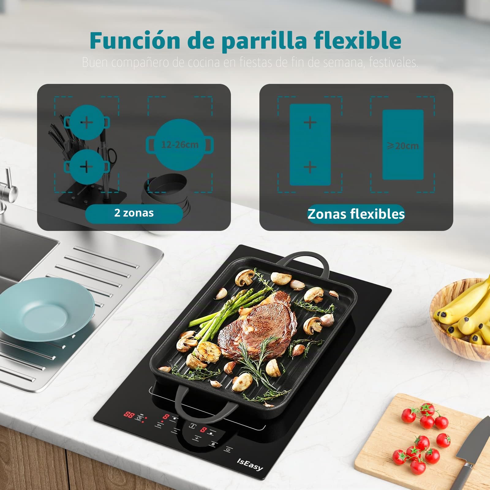 IsEasy - Placa de inducción con 2 luces empotrables, mesa de cocción eléctrica de 3400 W, 2 Boosters, temporizador, zonas flexibles, parada de coche, cerradura infantil, color negro