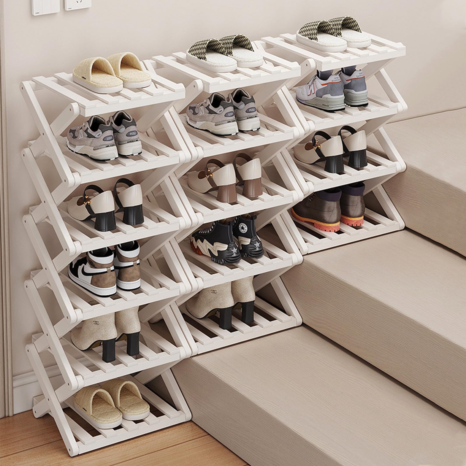 Mały stojak na buty, biały, 5-poziomowy, bambusowy, składany, organizer na buty, wolnostojąca półka do przedpokoju, sypialni, szafy, narożnika salonu, nie wymaga instalacji