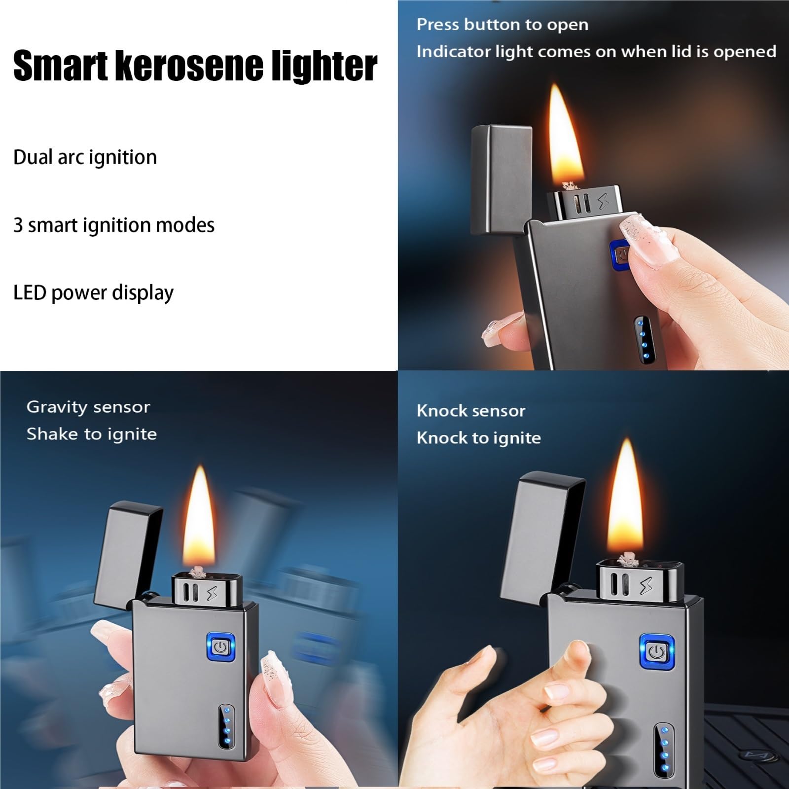Briquet à flamme douce au kérosène - Double arc résistant au vent - Réutilisable - Plusieurs méthodes d'allumage - Idéal pour l'intérieur et l'extérieur - Pour fumeurs et camping-cars