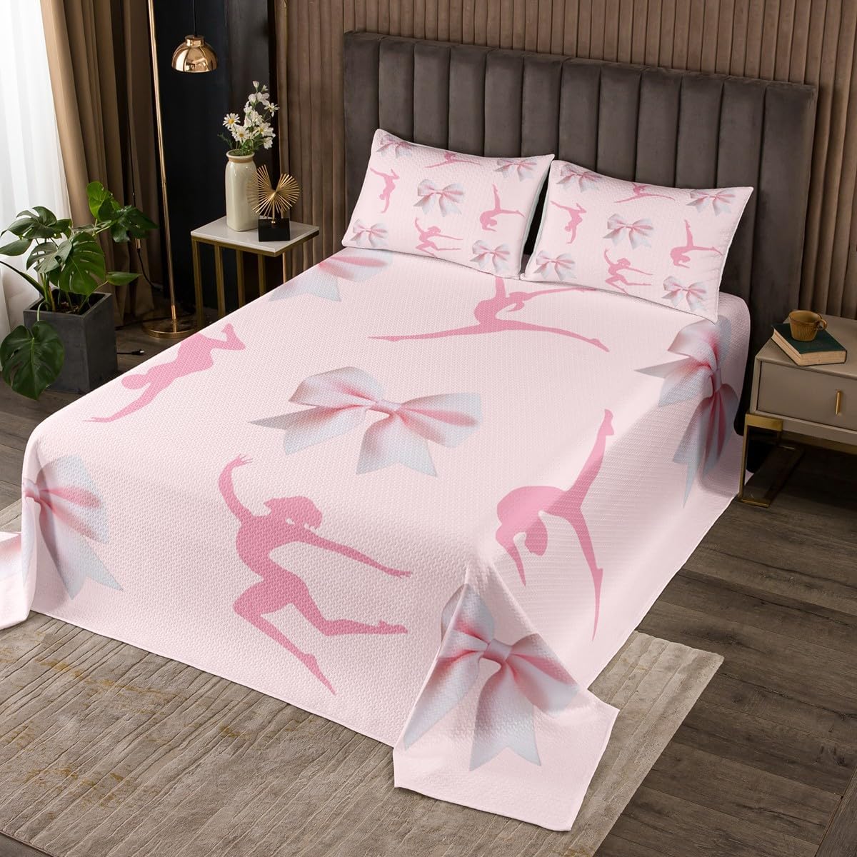 Gymnastics Girls Bedspread Twin Size,Pink Bow Print Bedding Sets 2Pcs for Kids Girls Women Gymnast Room Decor,Dancing Yoga Lover Comforter Set Modern Sweet Pink Quilt Coverlet,1 Pillowcase