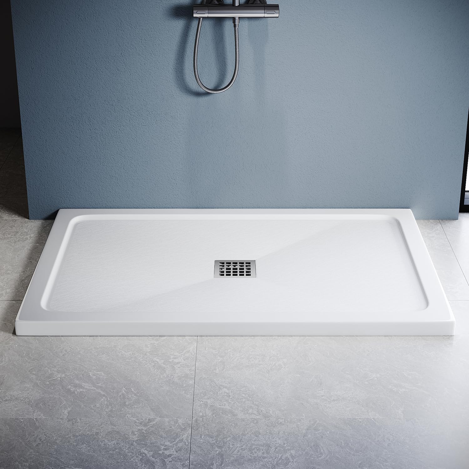 ZANOFIRA 1200 x 900mm SMC Shower Tray White Anti-Slip Stone-Effect Finish Slimline 40mm Lightweight Shower Base with 90mm Waste Trap & Stainless Steel Drain Cover for Enclosure & Wet Room