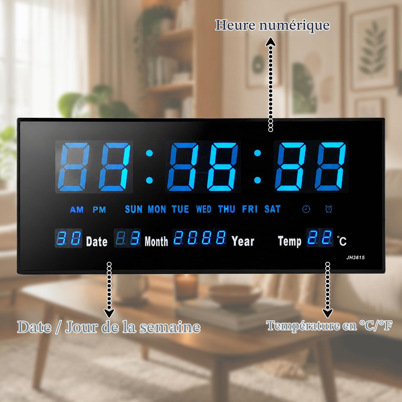 Starlet24 JH4622 Horloge murale LED avec affichage de la date et de la température Bleu 45 x 22 cm