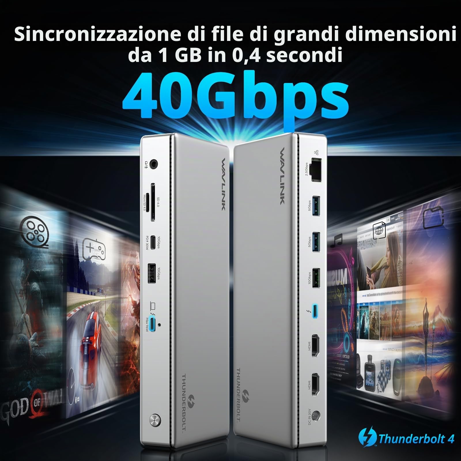 WAVLINK Docking Station Thunderbolt 4 13-in-1, 96W PD, 8K / Triple 4K, 2 porte TBT4, 2 porte HDMI, 4 porte USB-A, USB-C 10 Gbps, Ethernet 2.5G, lettore SD/TF, Audio, Compatibile con Mac e Windows