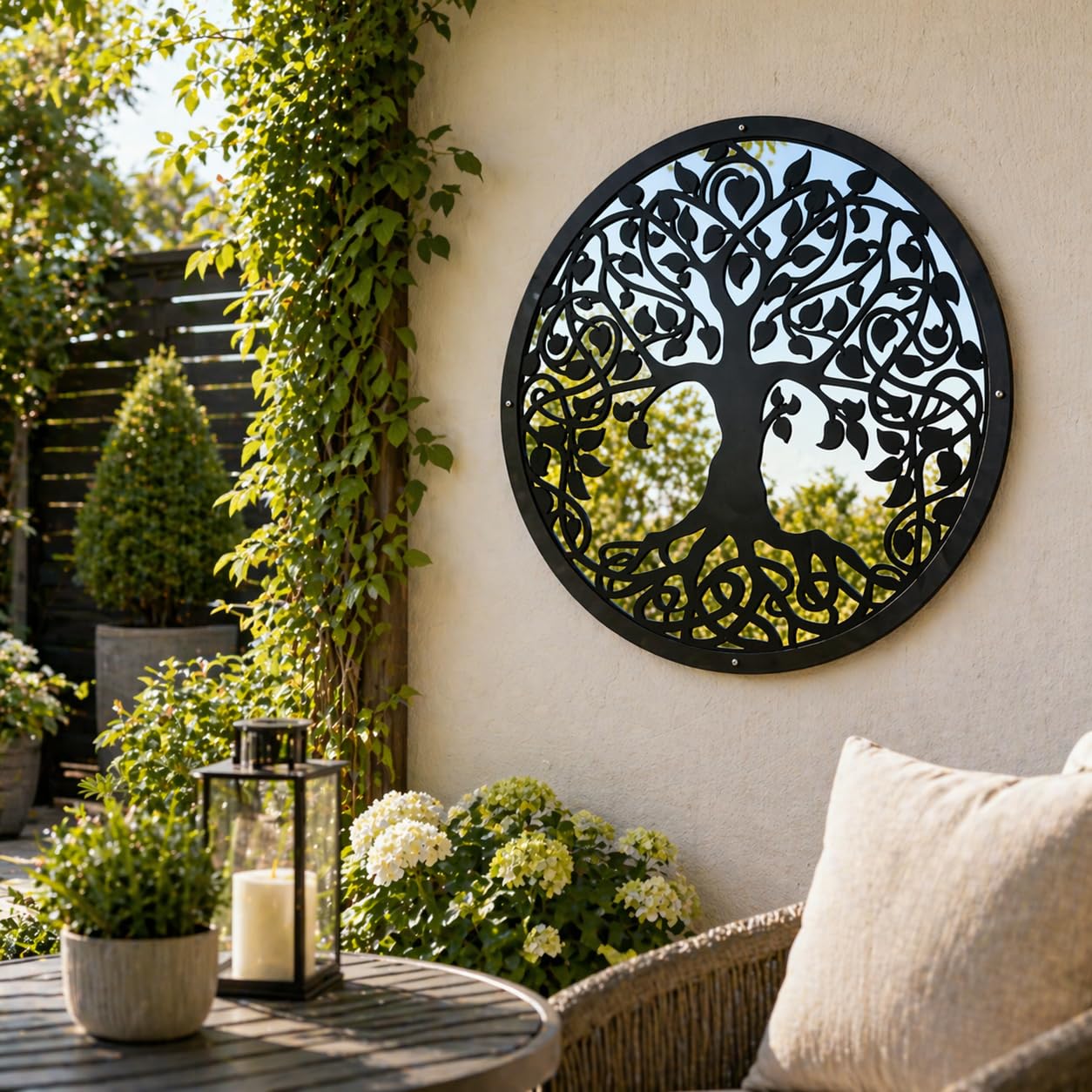 Sun Catcher Garden Decor Miroir de jardin arbre de vie - Différentes tailles - Cadre rond - Extérieur résistant à la rouille - Fixations en acrylique incluses - 33 cm