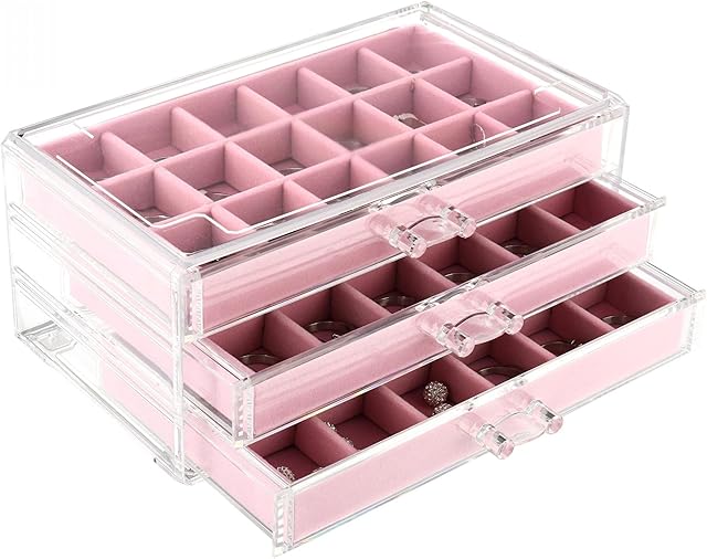 Gelory Jewellery Box for Women with 3 Drawers,Velvet Jewellery Organiser Gifts for Rings, Bracelets, Necklaces, Brooches, Earrings (Pink)