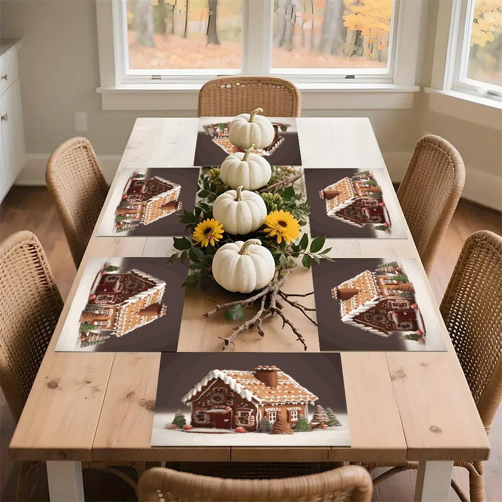 Gingerbread House Placemats Wipeable Heat Resistant Table Mats Washable Flax Place Mats Elegant Cloth Non-Slip Placemat for Kitchen Dinning Party Table Decor 12 * 18 in