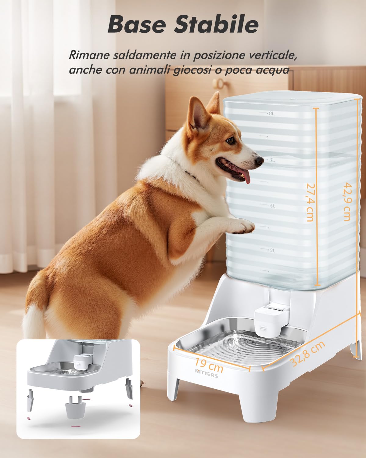 8L Automatico a Gravità Distributore di Acqua per Gatti e Cani, Senza elettricità, Con Filtro, Ciotola in Acciaio Inox 304 e Rubinetto Antigoccia Brevettato, Ideale Per Famiglie Con Più Animali