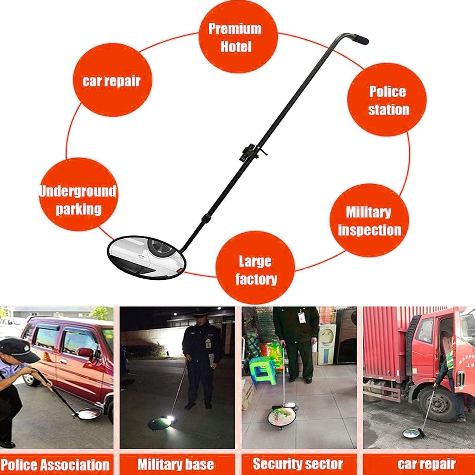 Espejo De Inspección De Seguridad Convexo para Vehículos, con Luz Led, Longitud Ajustable De 120 A 140 Cm Y Diámetro De 30 Cm. Aparato Óptico para Análisis E Inspecc