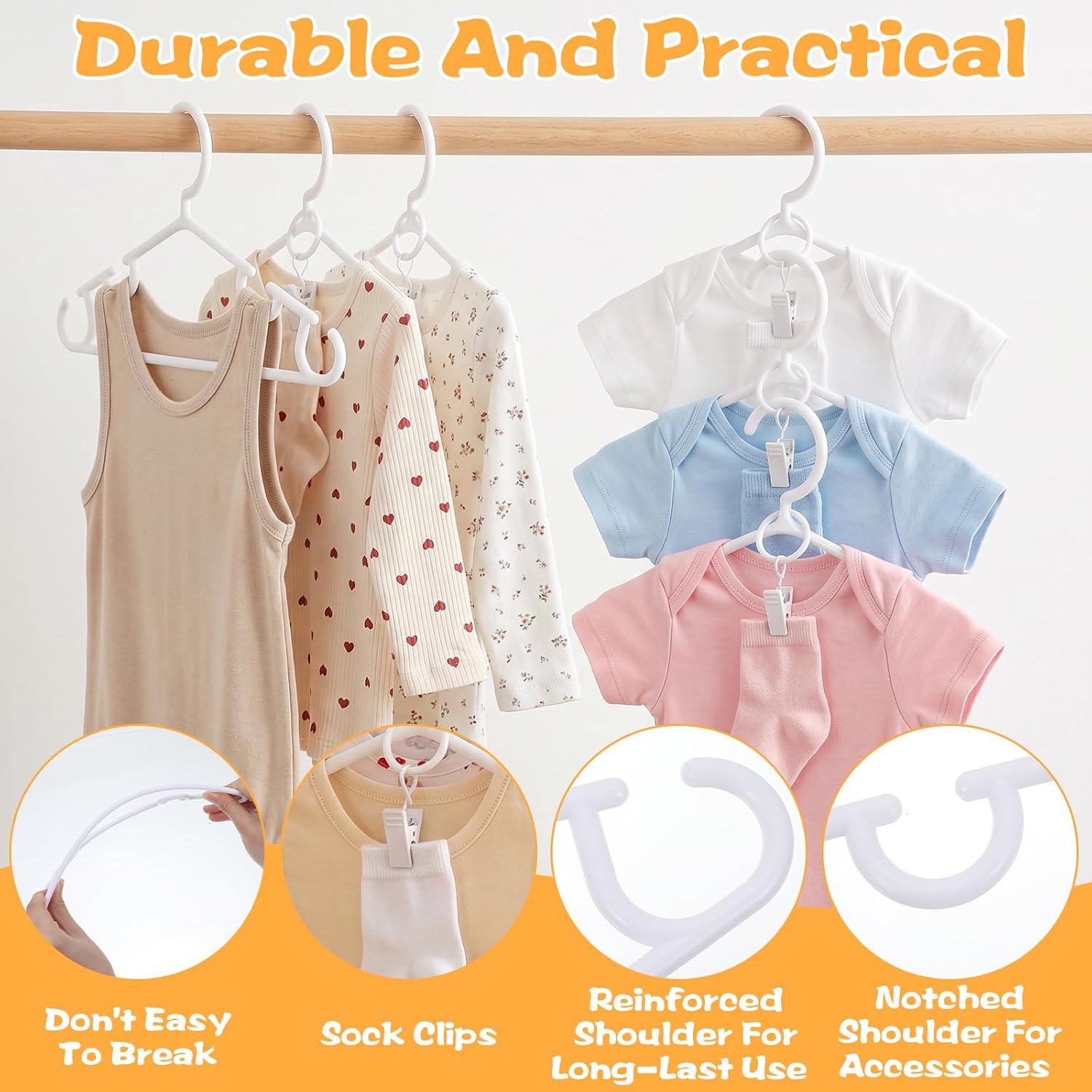 30 Packs Baby Hangers with Clips for Pants, Baby Clothes Hangers with Clips, Plastic Toddler Hanger with Metal Rings, Infant Closet Organizer, White