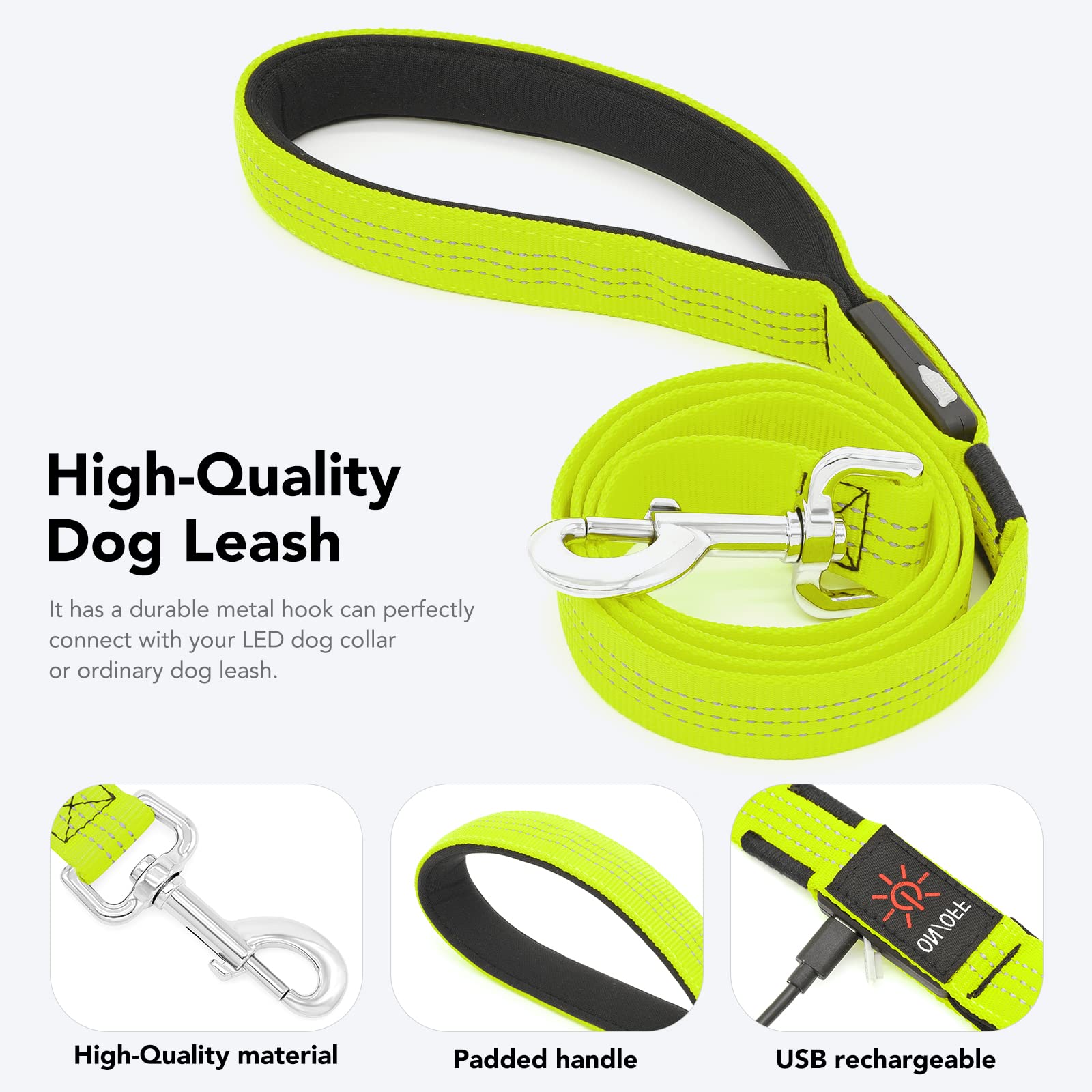 Correa LED para perro con luz Micro USB recargable impermeable correas de nailon resplandor de seguridad estándar para perros (verde con 3 cables reflectantes)