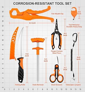 Fishing Gear Accessories Kit - Stainless Steel Fishing Pliers, Fish Fillet Knife, Hook Remover, Braid Scissors, Fish Lip Gripper, Tool Retractor, Lanyard - Gifts for Men Saltwater Fly Ice Fishing