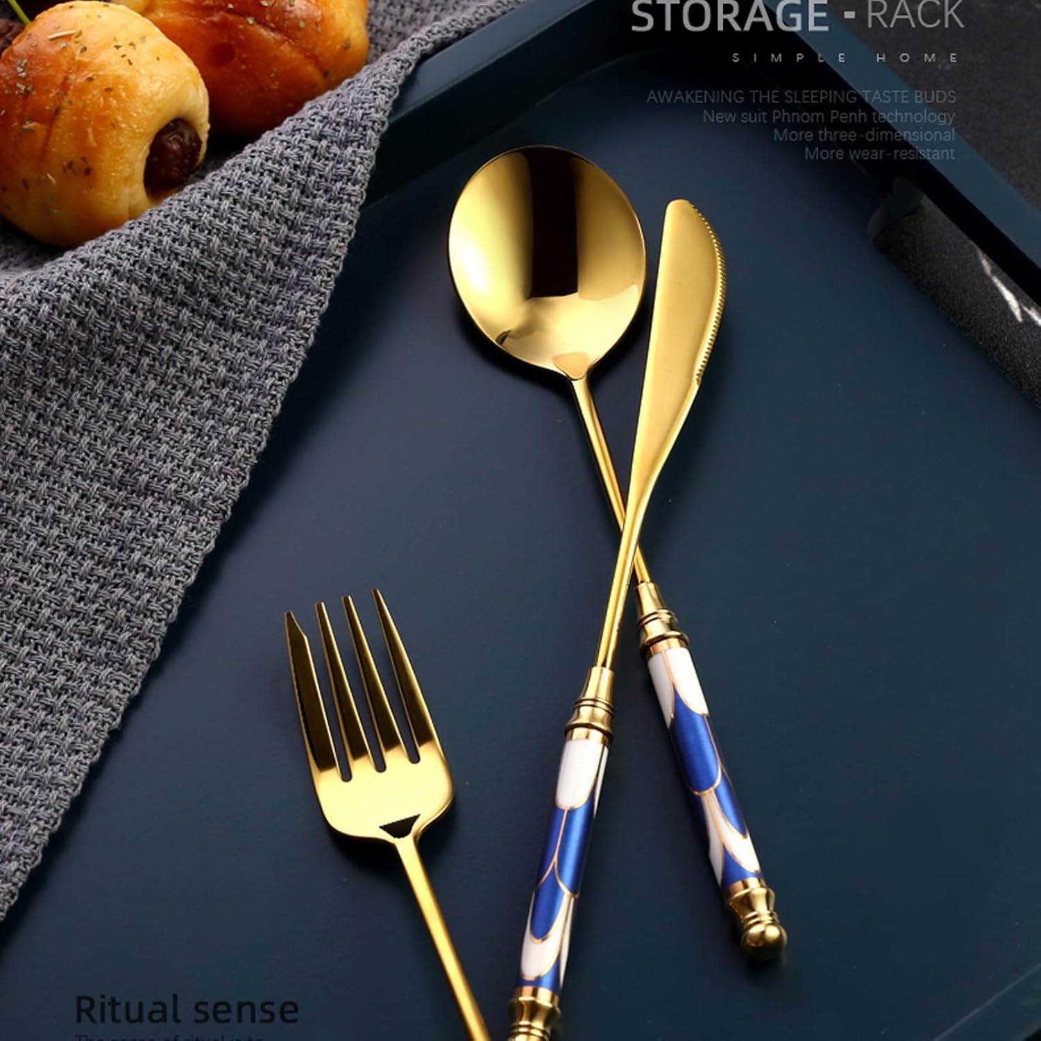 32 Pieces Utensil Set,18/8 stainless steel set for 8,Flatware set Blue and White Palace, Fine Silverware set and Dishwasher Safe, tableware set for wedding banquet home hotel party use