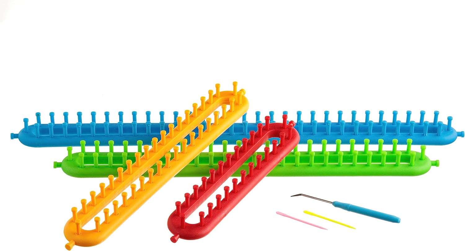 The Quilted Bear Long Knitting Loom Kit - Easy Knit 4 Piece Peg Loom with 2 Pins, Knitting Hook Tool & Instruction Leaflet for Scarves, Hats & More