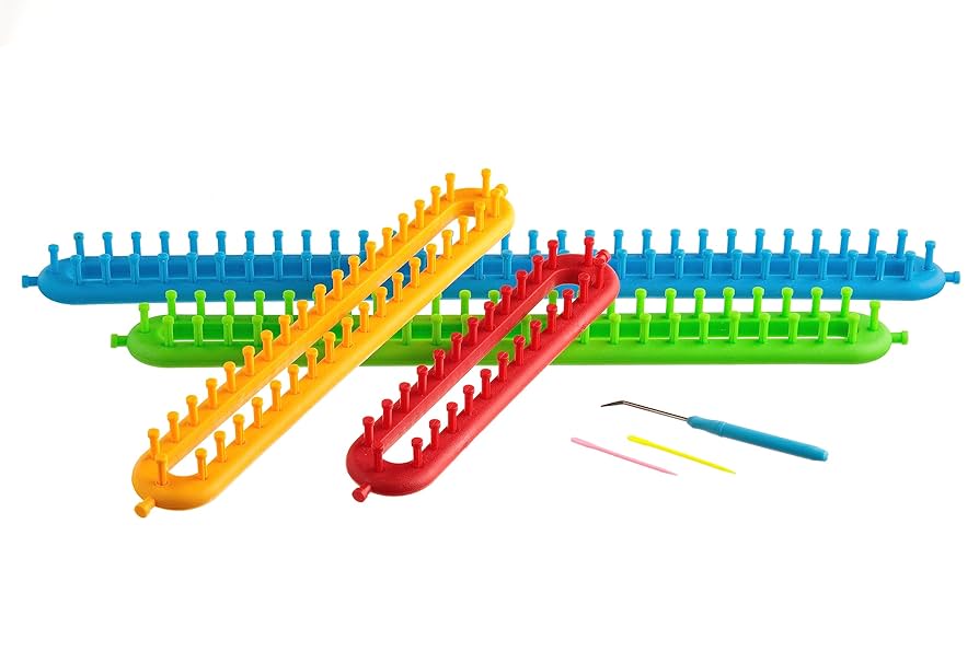 The Quilted Bear Long Knitting Loom Kit - Easy Knit 4 Piece Peg Loom With 2 Pins, Loom Knitting Hook Tool & Instruction Leaflet For Scarves, Hats & More
