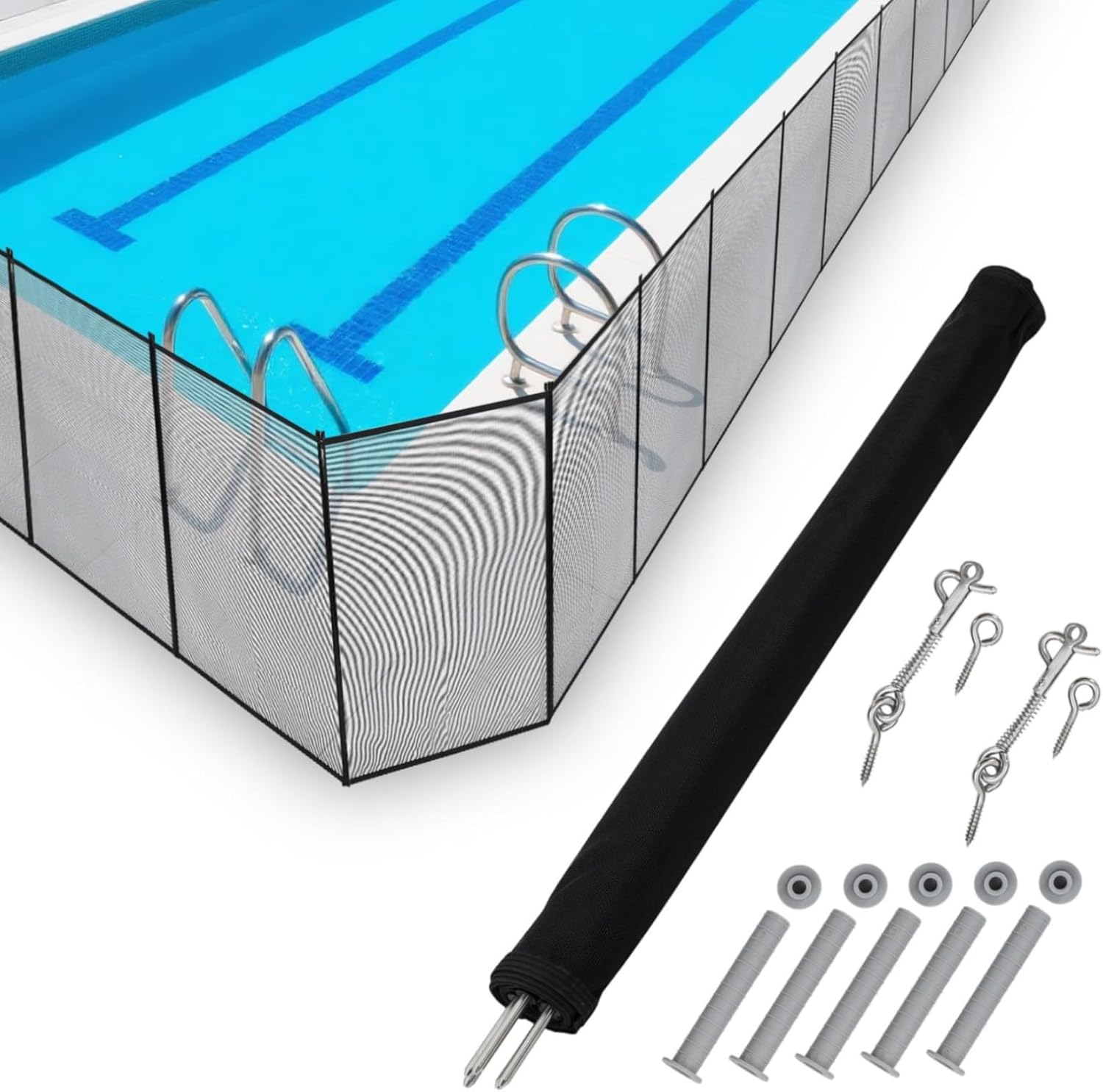 Swimming Pool Fence 4Ft x 108Ft, Ground Safety Fencing with Gate, Removable Safety Barrier for Swimming Pools, 320GSM Tear-Resistant Mesh, Easy DIY Installation, Black