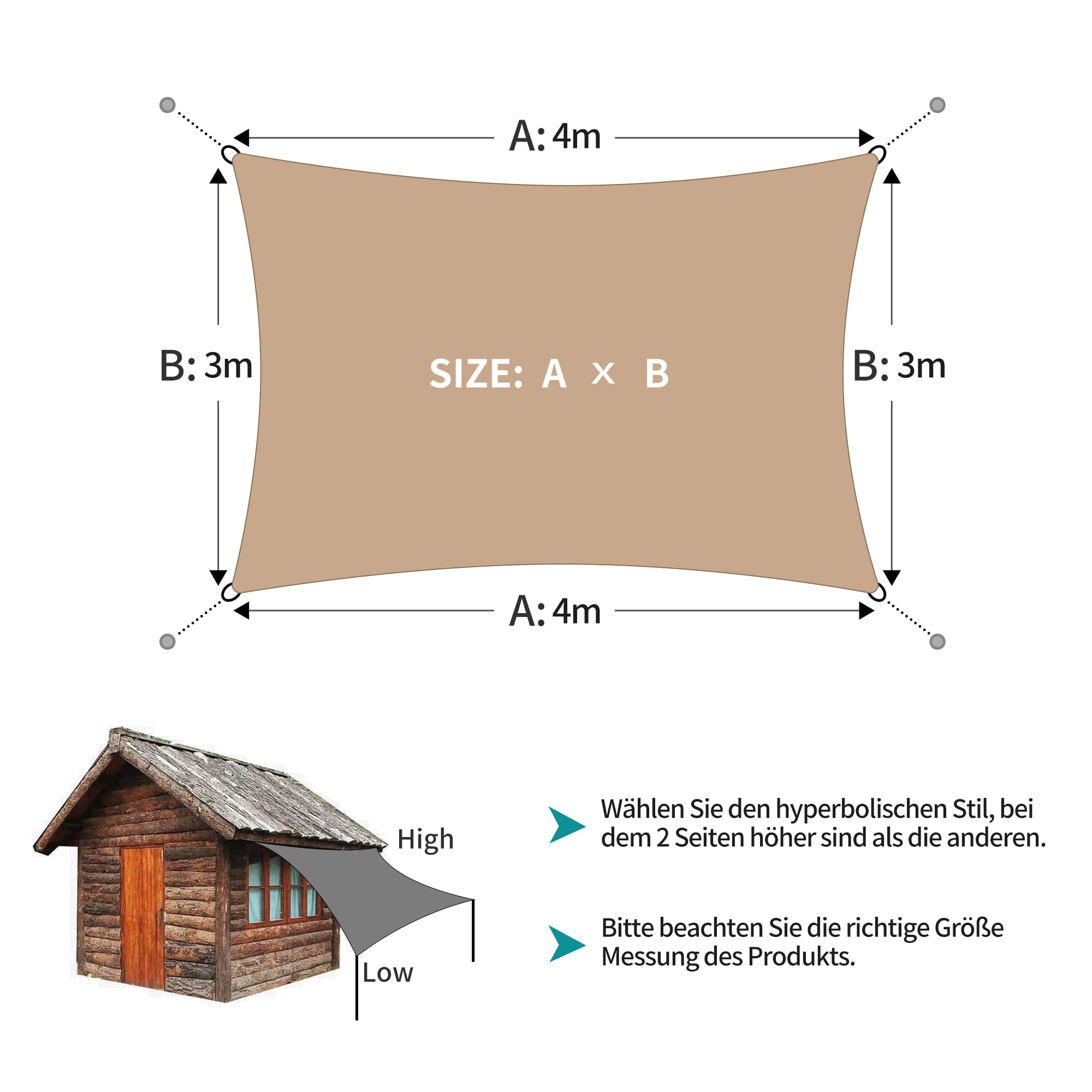 Duhome Voile d'ombrage Rectangulaire 3x4m, Toile Ombrage Imperméable Filet Dombrage UV Protection pour Patio Jardin Terrasse Extérieur Balcon, Sable