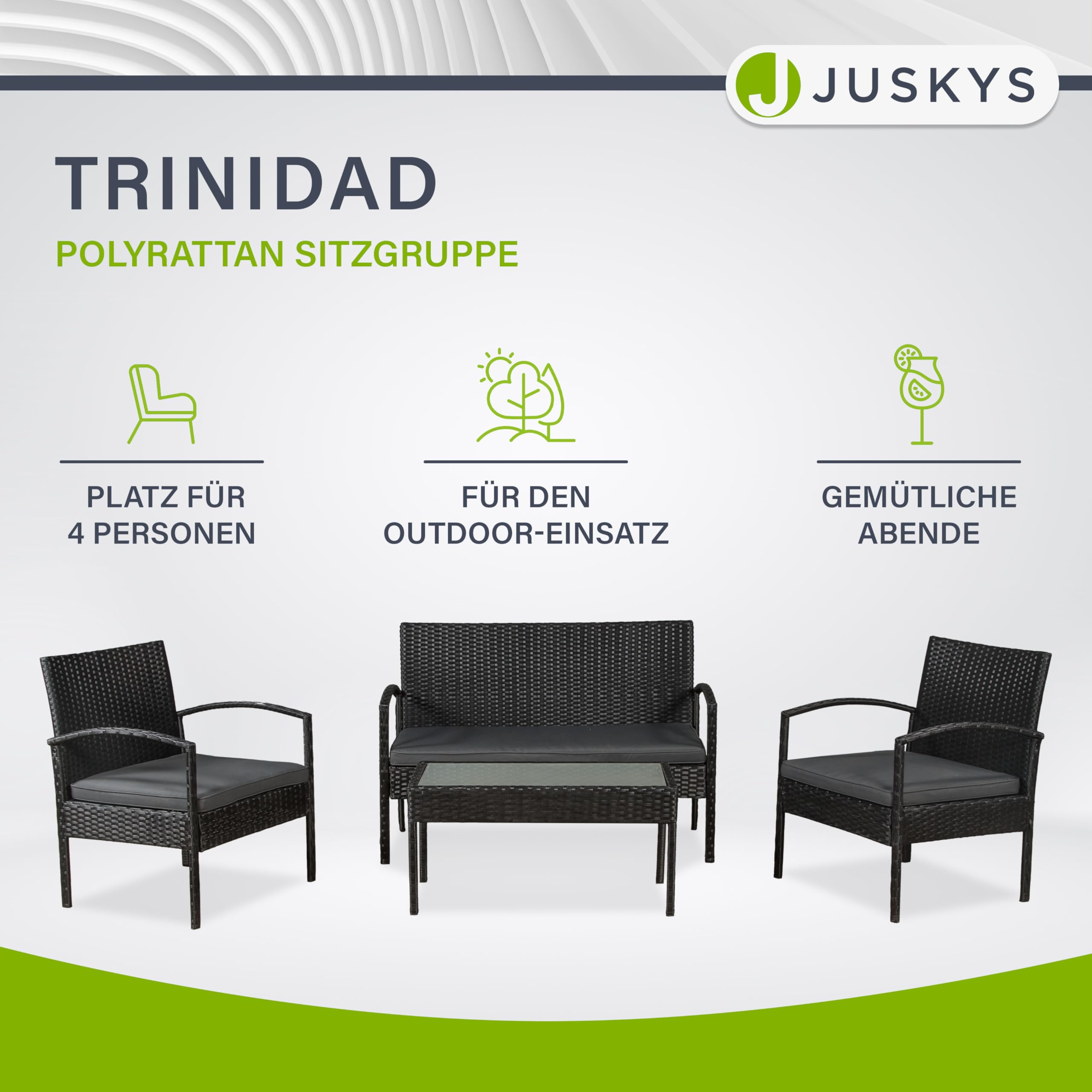 Juskys Polyrattan Gartenmöbel Set Trinidad mit Tisch, Sofa & 2 Stühlen - 4 Personen - Sitzkissen grau - Balkonmöbel Sitzgruppe Balkonset Garten Balkon