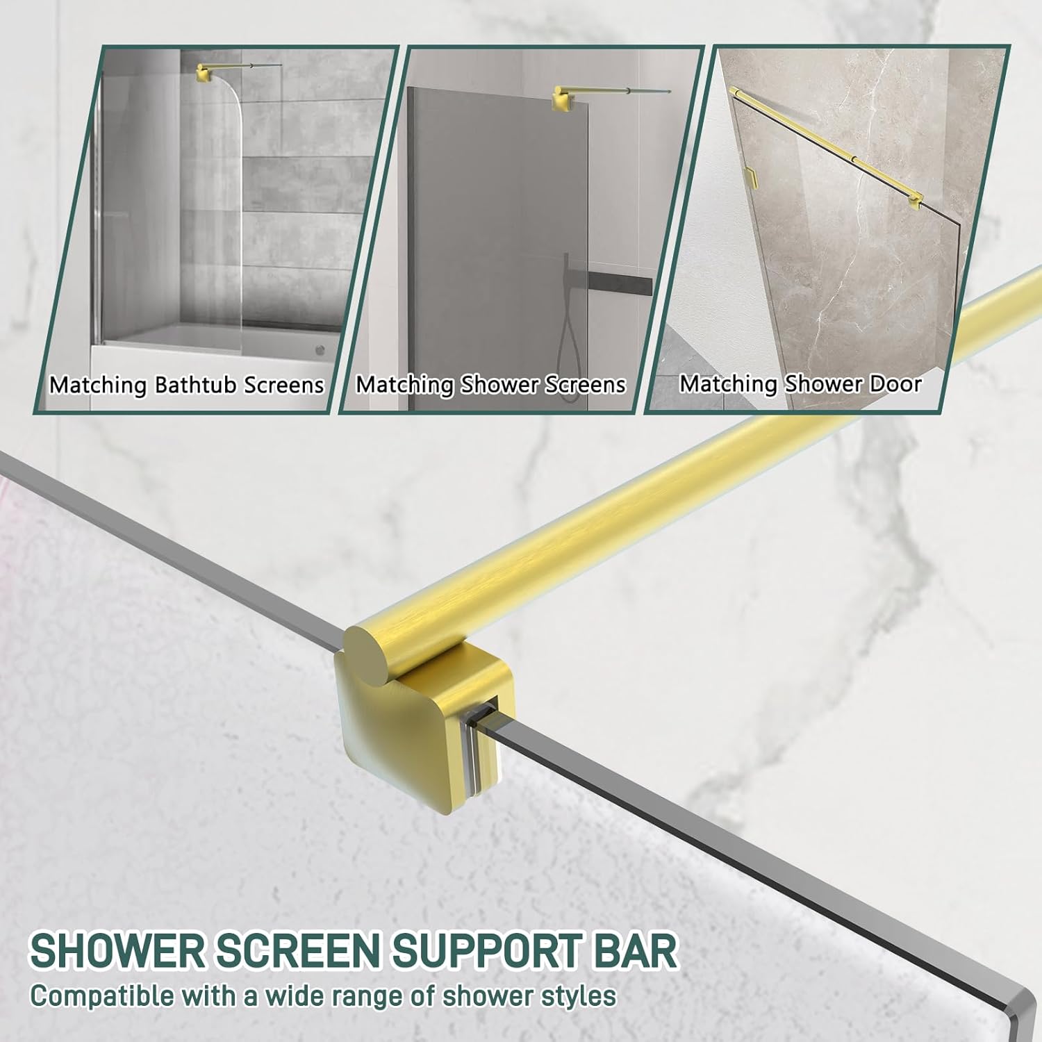 Shower Door Support Bar, 27.5'' to 47.2'' Telescopic Stainless Steel Wall-to-Glass Support Bar for 1/4"(6mm) to 3/8"(10mm) Thick Glass, Fixed Panel Support Rod, Brushed Gold