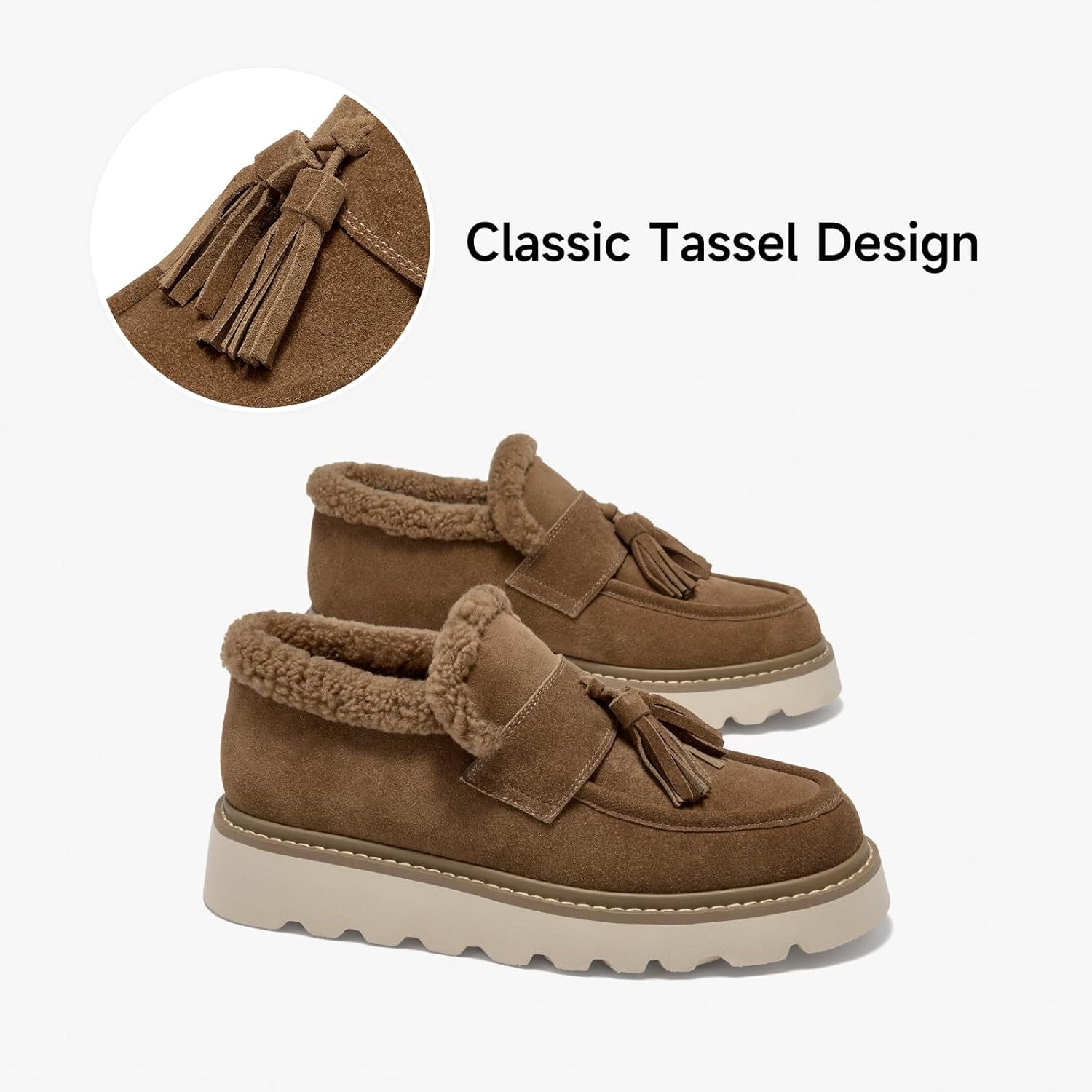 BEAU TODAY Fur Lined Platform Tassel Loafers for Women,Chunky Winter Shoes for Women,Slip-on Leather Retro Tassel Loafers,Comfortable Work Office Casual Dress Boots - Image 3