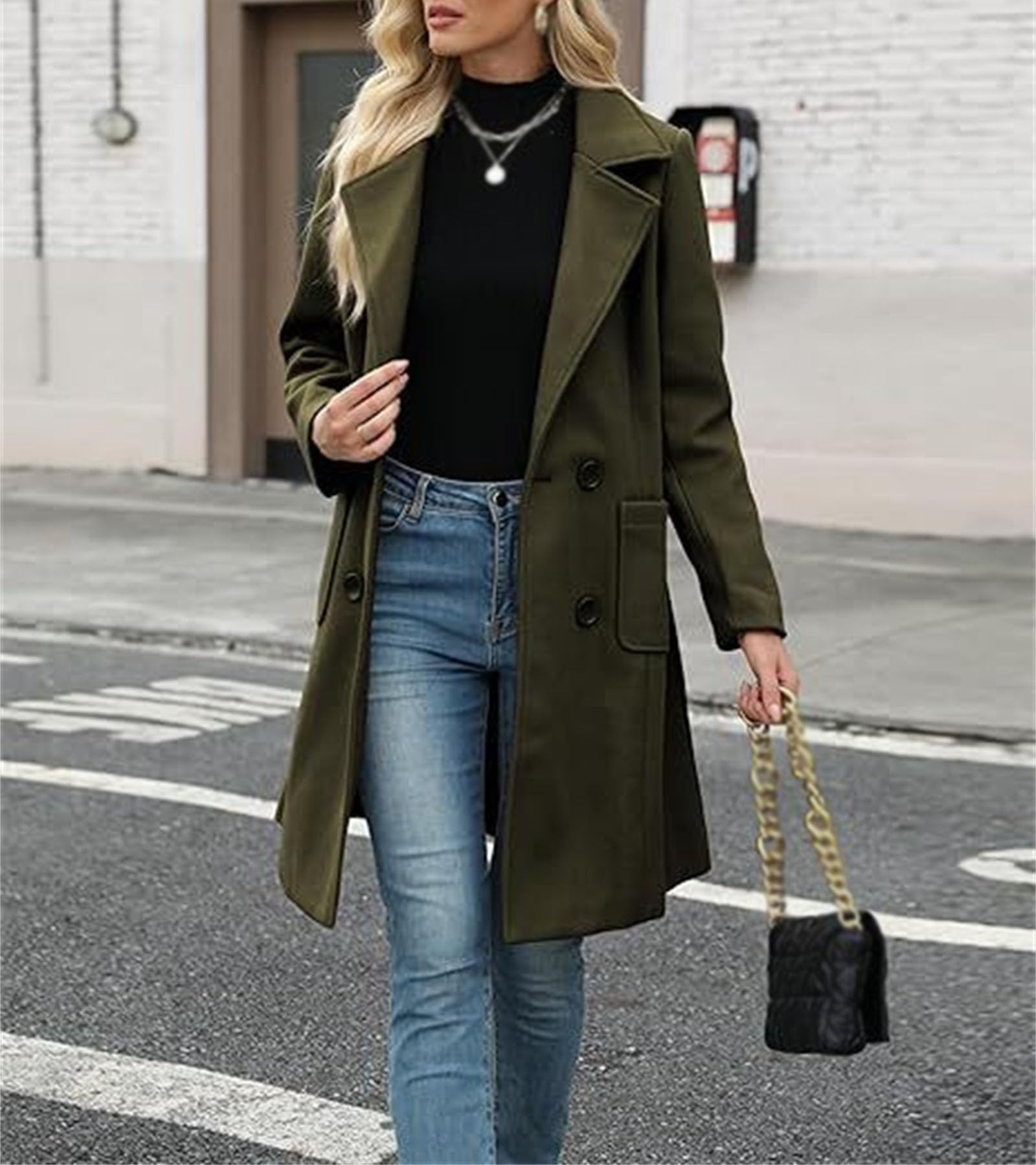 Cappotto invernale da donna in lana casual con risvolto a tacca monopetto cappotto autunnale cardigan con risvolto di media lunghezza soprabito con tasche