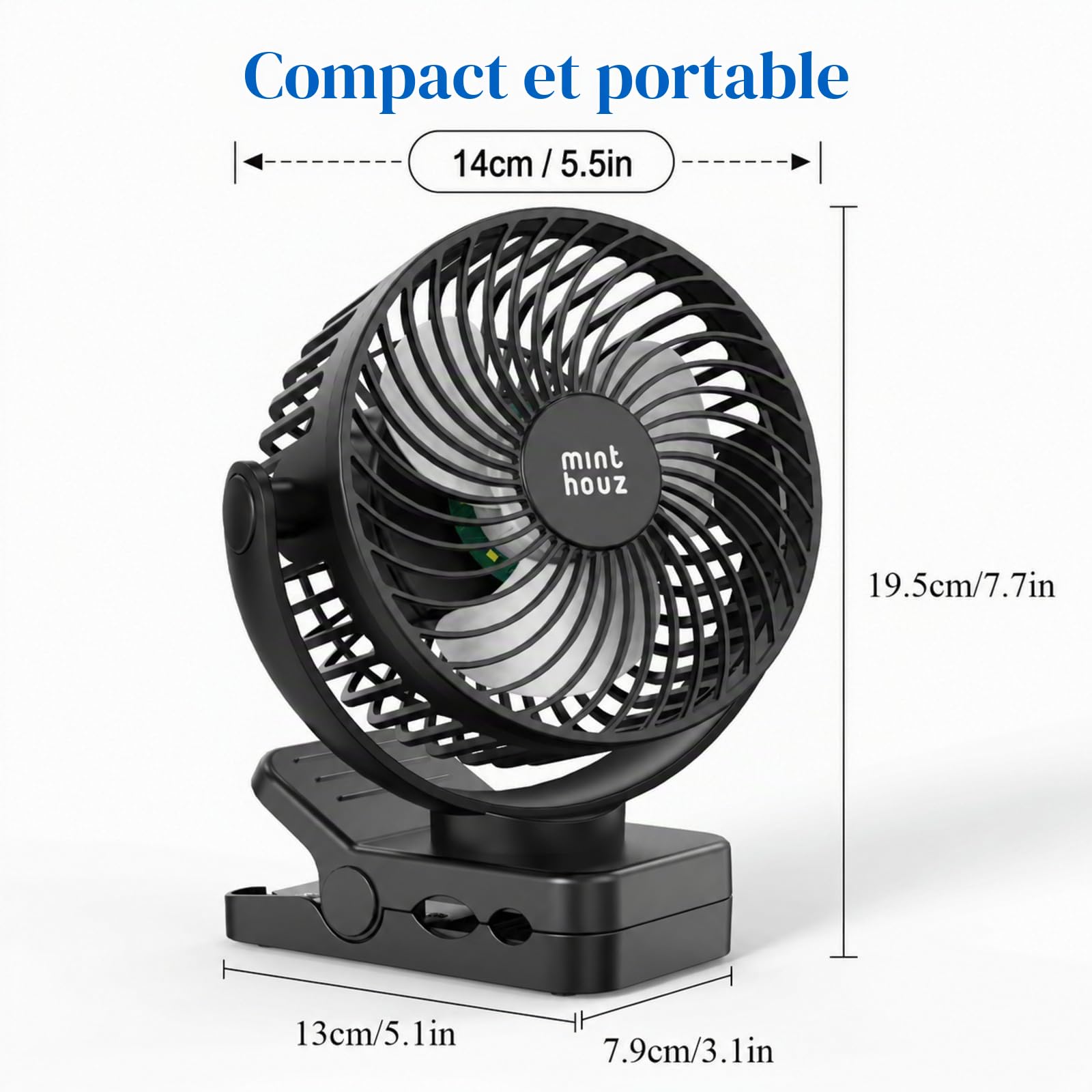 Minthouz Ventilateur portable USB rechargeable 12000 mAh avec clip et télécommande, 45H d'autonomie, silencieux, 3 vitesses, lumière LED, rotation à 360°, minuteur, pour bureau, camping et poussette