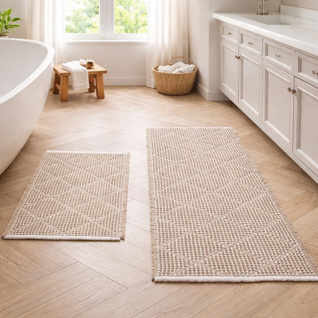 Large Bathroom Rug 2 Piece Set Non-Slip Washable Boho Bathroom Rugs Rhombus Bath Mat Shower Mat for Bathroom Laundry Room Living Room Bedroom (Brown)