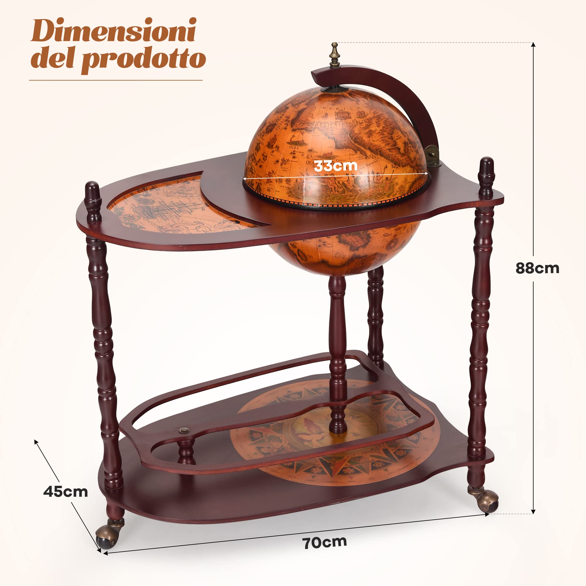 COSTWAY Mappamondo Bar con Ruote Mobili Porta Liquori Minibar Portabottiglie, 88 x 70 x 45 cm