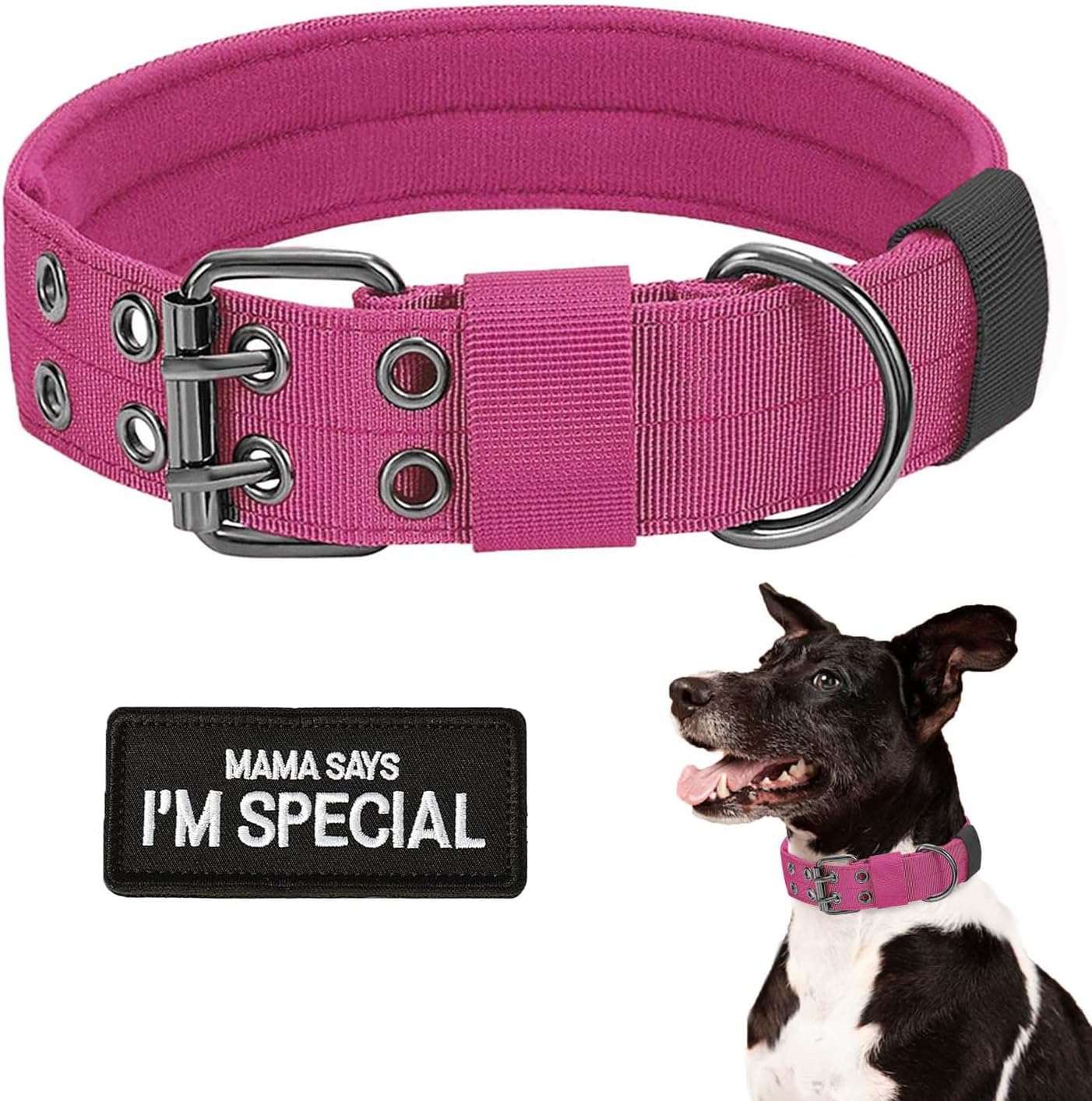 Tactical Dog Collar Military Dog Collar Adjustable Training Nylon Collar Heavy Duty Metal Buckle with Black Patch,Tactical Collars for Medium Large Dogs (Pink, Medium)