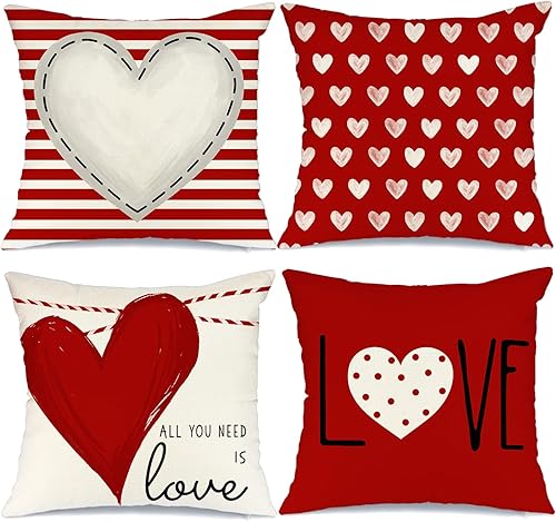 GEEORY Juego de 4 fundas de almohada para el día de San Valentín de 20 x 20 pulgadas para decoración de San Valentín rayas rojas y blancas lunares