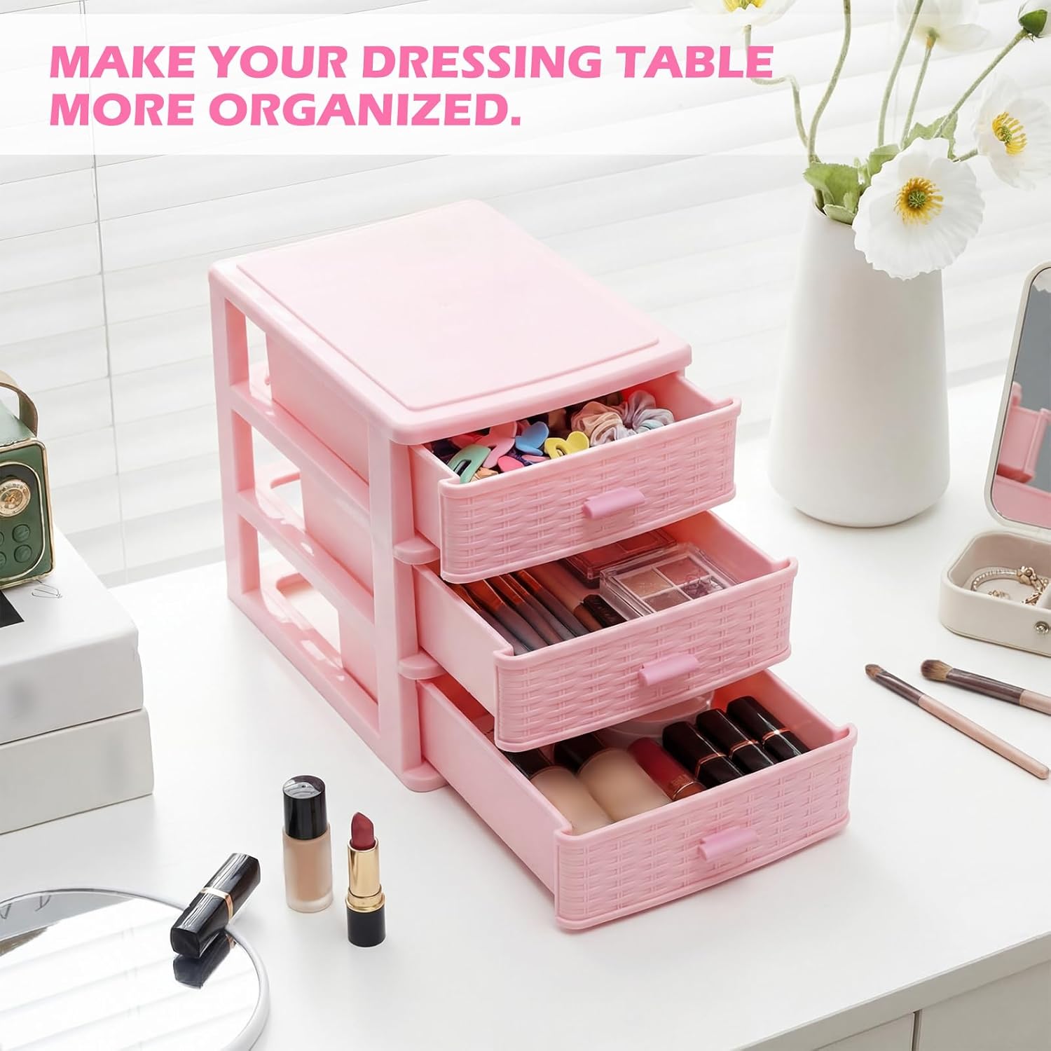 Small Storage Desk Wicker Weave Drawer 3 Drawers Plastic Storage Mini Plastic Weave Drawer Unit with Pull Handles Desk Organizer for Office Supplies Craft Countertop Makeup Bathroom(Pink)