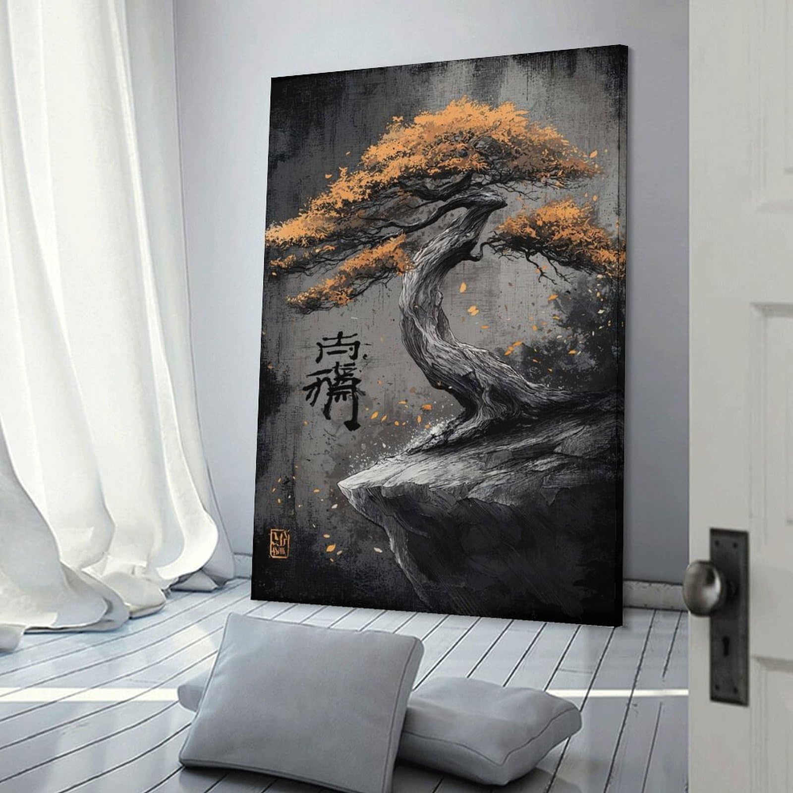 Junmoney Frame-Style-10 Bonsai Tree On Cliff Edge Room Decor Wall Art 20X30inch(50X75cm), For Lounge Decor, Offices Or Entryway Styling, A Flexible Wall Accent For Shared Spaces