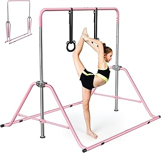 Yornoli Adjustable Kids Gymnastics Bar with Rings – Folding Horizontal Training Kip Bar, 5 Height Levels, Non-Slip Base & …
