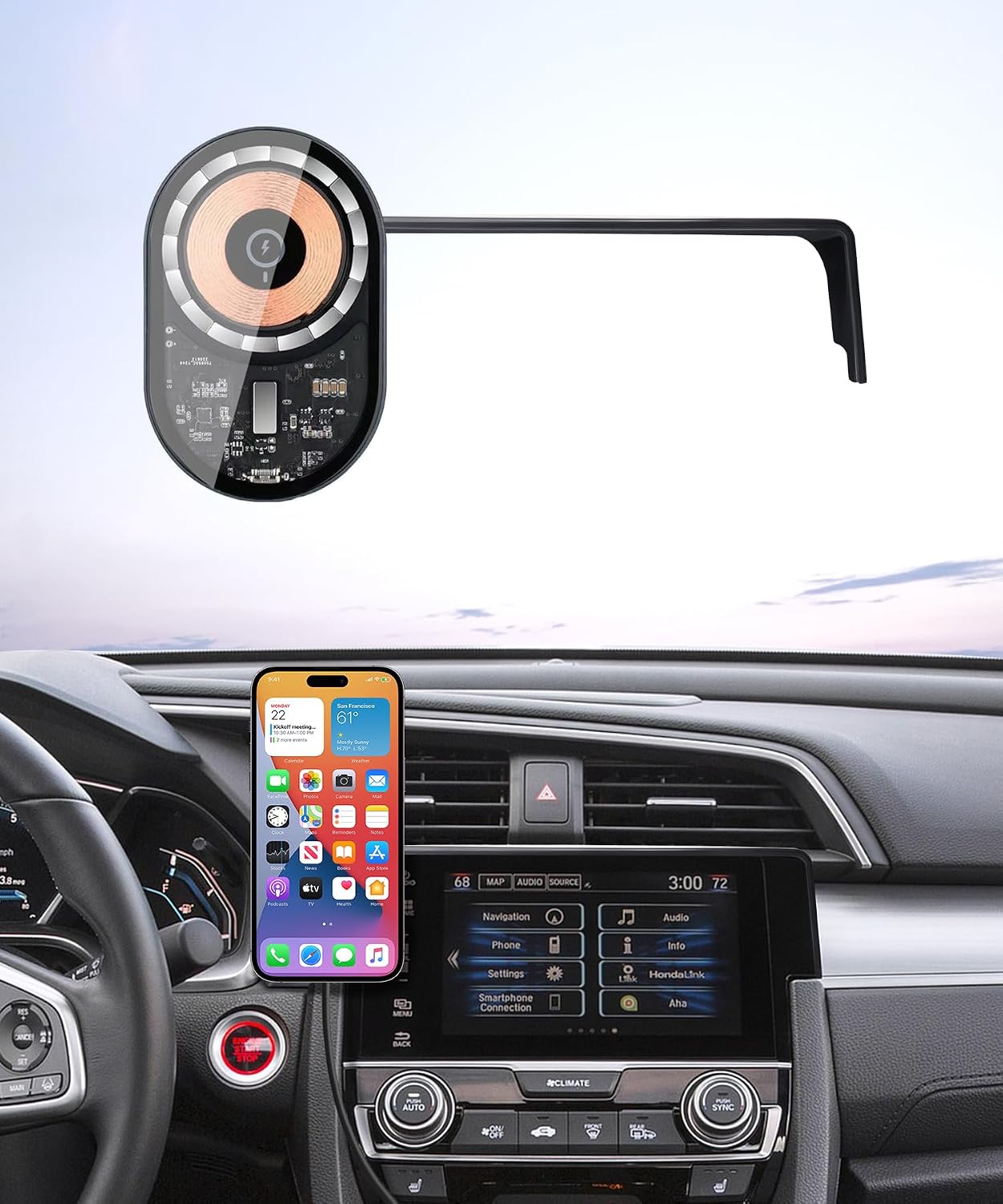 Wireless Charging Car Phone Holder for Honda Civic 2016-2021, 5/7" Screen Fixed Clip, 360° Rotation Car Phone Mount Compatible with MagSafe