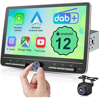 Android 12 Car Radio Wireless CarPlay Android Auto 10.1 Inch Screen DAB+ Car Radio 1Din Car Play Touch Display Bluetooth 8 Core 2G+32G WiFi 4 G GPS DSP AM/FM RDS Car Radio with Rear View Camera