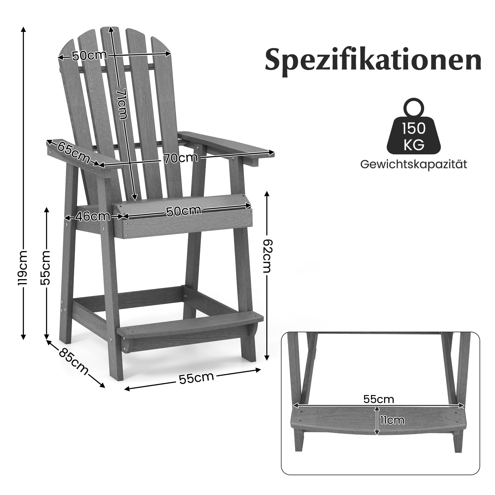 COSTWAY Hoher Adirondack Stuhl mit Fußstütze, wetterfester Barhocker aus HDPE, Balkonstuhl mit Armlehne, Outdoor Adirondack Chair für Garten, Terrasse (Grau)
