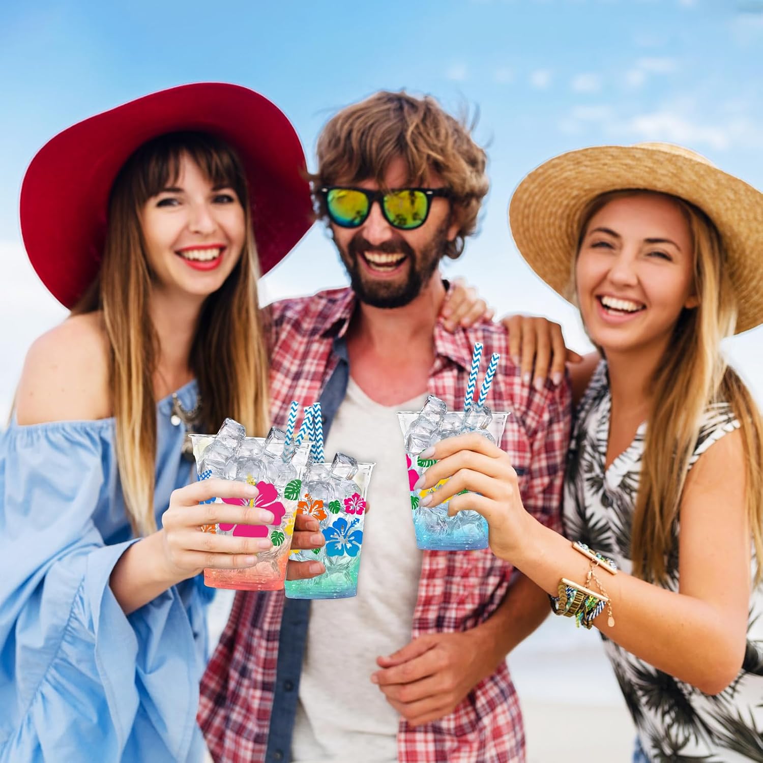 50 PCS Hawaii Hibiscus Flower Disposable Plastic Cups 12 OZ Print Clear Colorful Tropical Flower Drinking Beverage Supplies for Summer Beach Luau Aloha Birthday Baby Shower Party Supplies