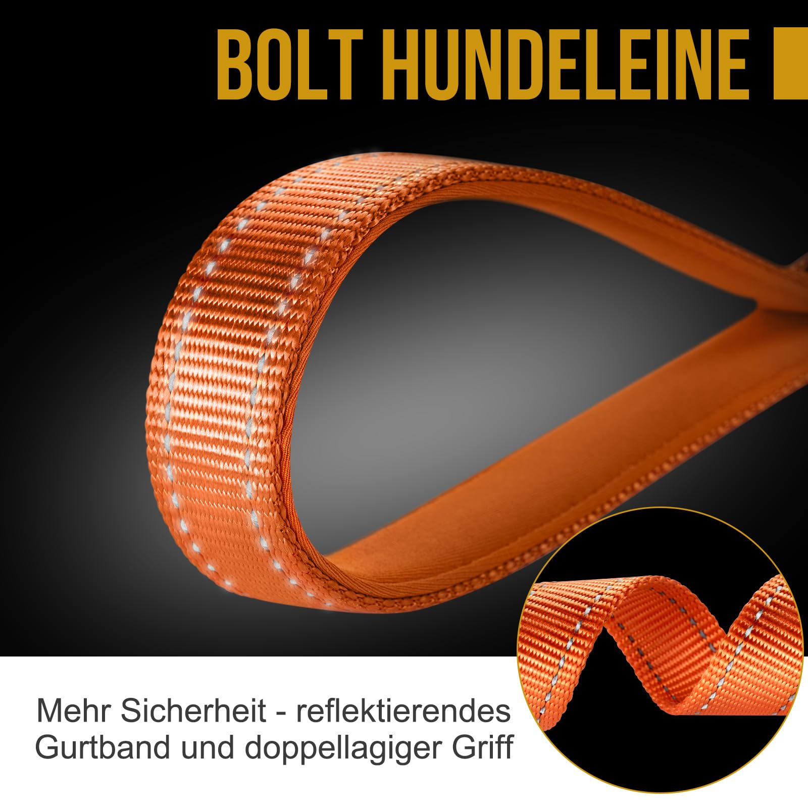 OneTigris Bolt - Guinzaglio corto per cani da 52 cm, con dentata di tigre in metallo e morbida imbottitura, riflettente, in nylon, adatto per cani di taglia media, colore arancione