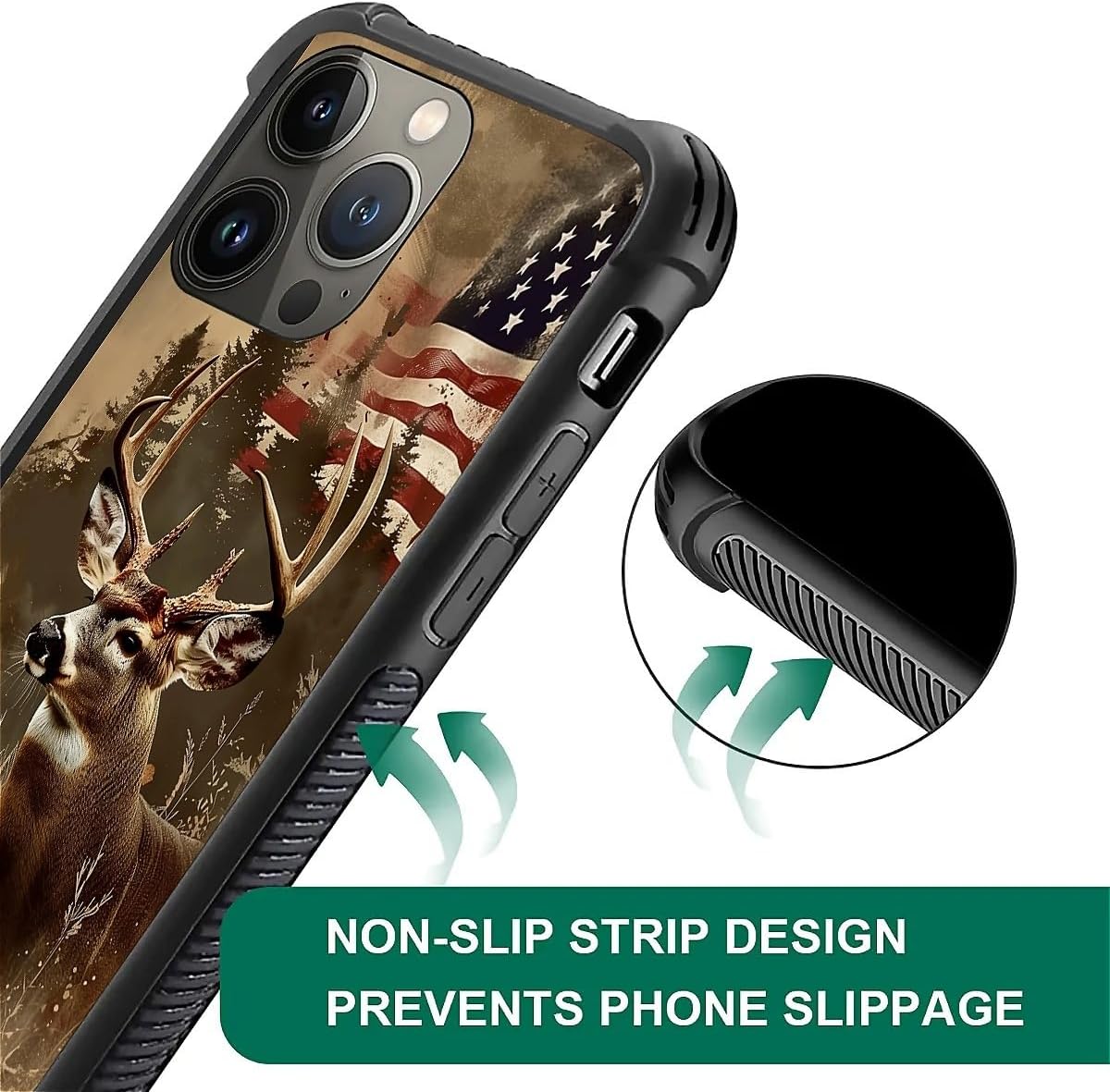 Phone Case Compatible with iPhone 14 Pro Max - Wireless Charging Compatible,S Hunting Deer Forest USA Flag TPU Bumper and Hard PC Pattern Back Case - Image 4