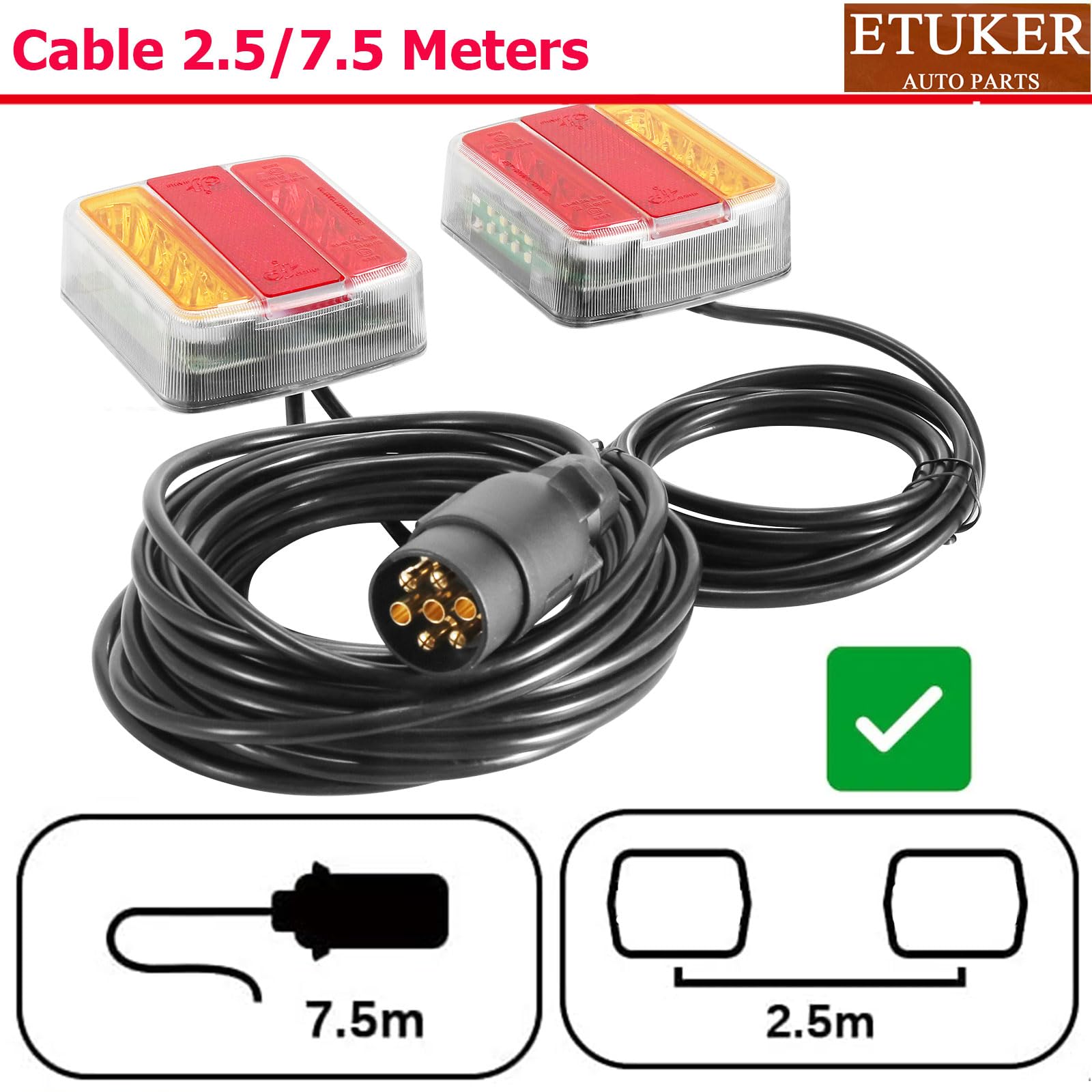 Kit Fanali Posteriore del Rimorchio LED 5 Funzioni Fari Posteriori con Cavo da 7,5 m et Spina per Rimorchio a 7poli