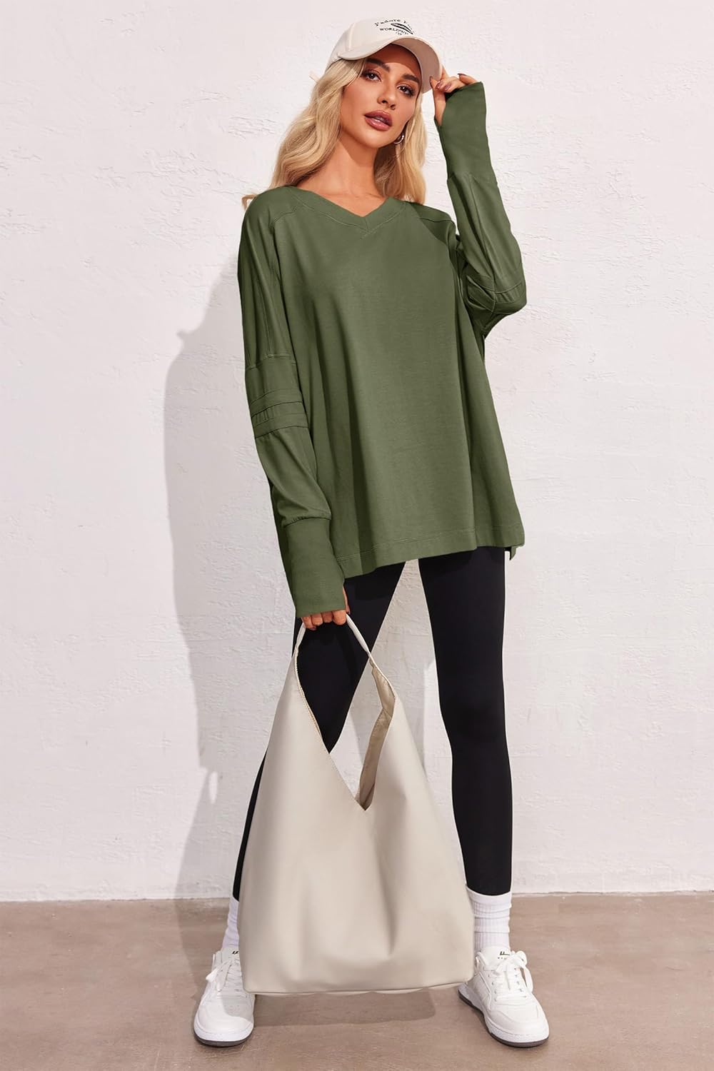 Tankaneo Womens Oversized Long Sleeve Shirts V Neck Tshirts Casual Loose Fit Tunic Tops for Leggings with Thumb Holes - Image 5