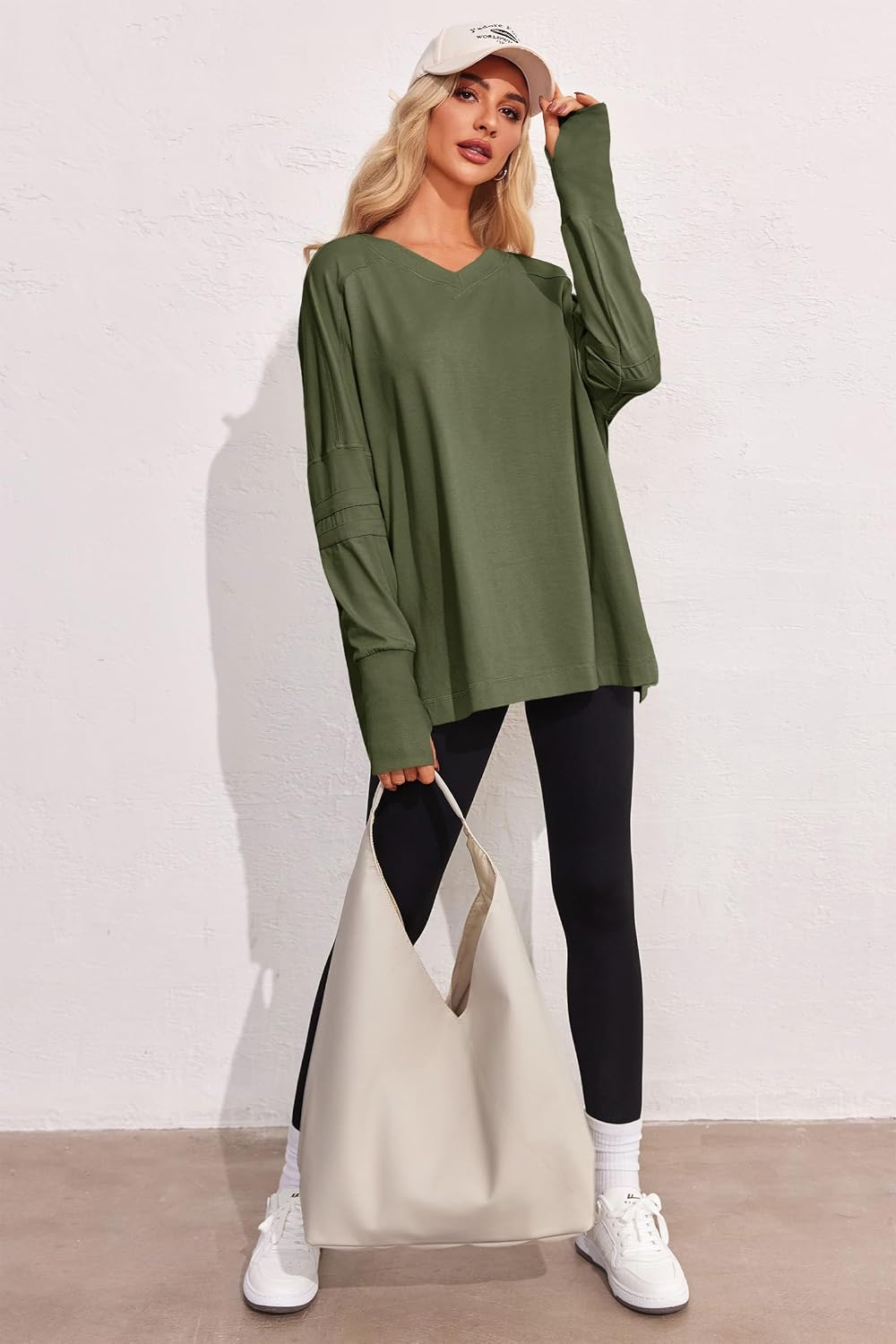Tankaneo Oversized V Neck Tunic Tops, Long Sleeve - Image 5