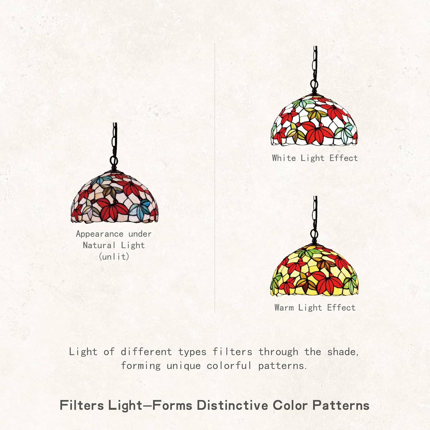 Tiffany Style Stained Glass Pendent Light Plug in, 12" W White Maple Leaf Floral Design Hanging Lamp, 60" Chain 15‘ Cord Art Decor Living Dining Bedroom Kitchen Island Home Office