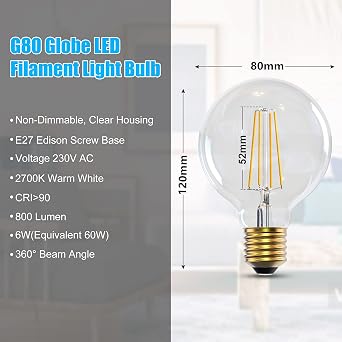 G80 E27 Edison Screw Bulb 6W 800lm, Warm White 2700K Non-Dimmable [Energy Class E]